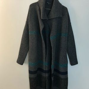 James perse long sweater coat with stripe and belt.